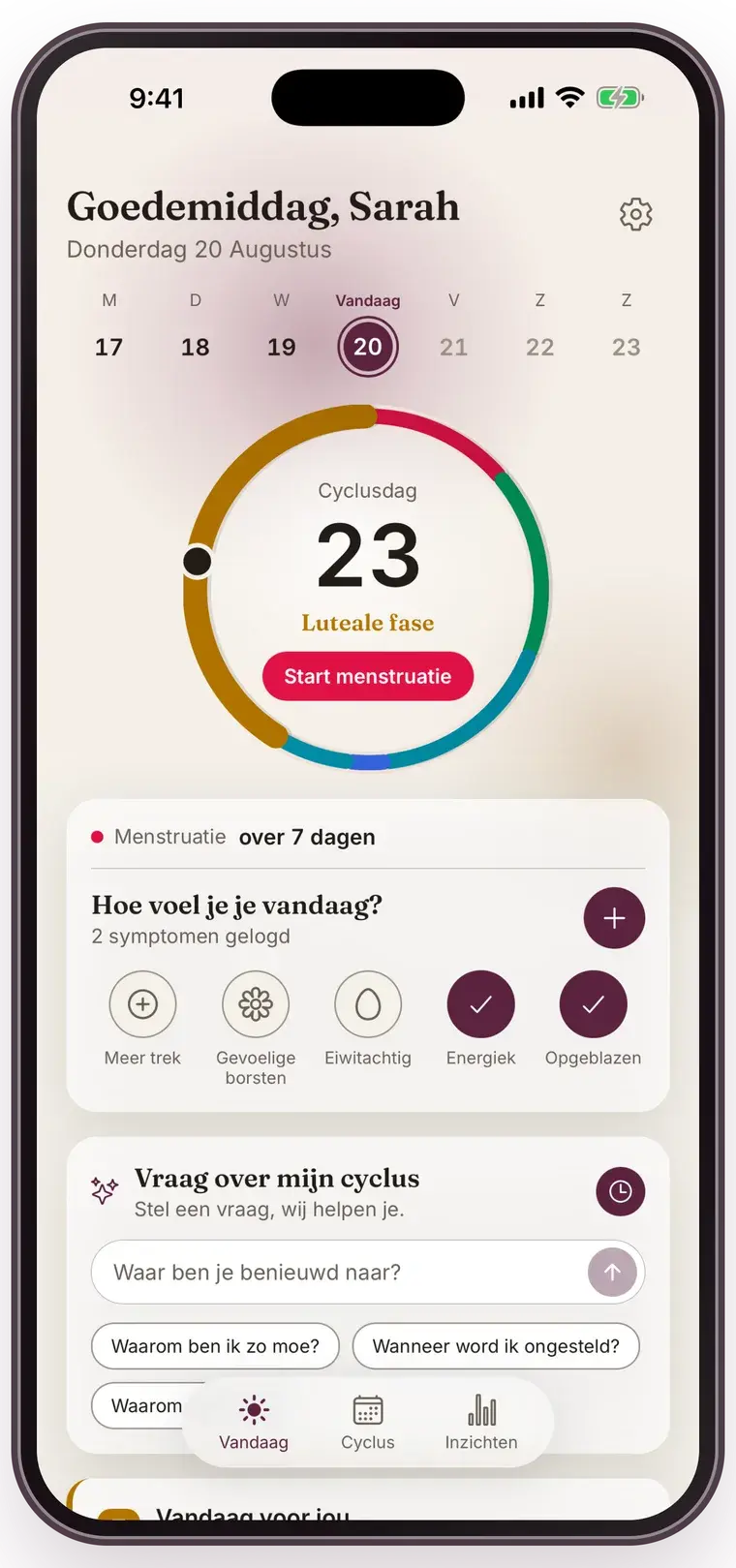 Het Vandaag-scherm van Mensis: een ring met cyclusdag 23 in de luteale fase, de dagen van de week erboven, en daaronder kaarten om symptomen te loggen en een vraag te stellen.
