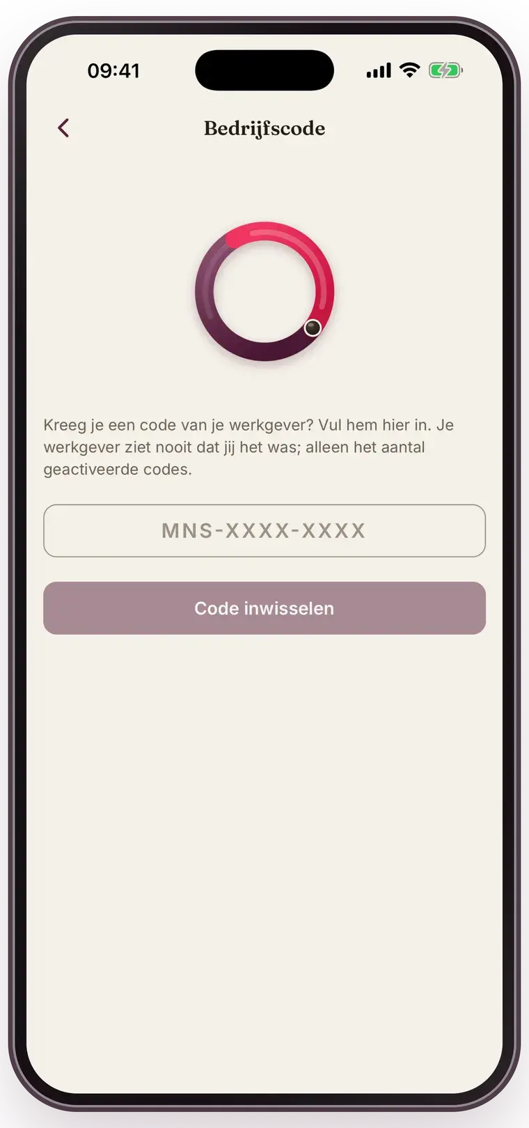 Het scherm waar een medewerker haar bedrijfscode invult, met de melding dat de werkgever nooit ziet wie de code gebruikt heeft.
