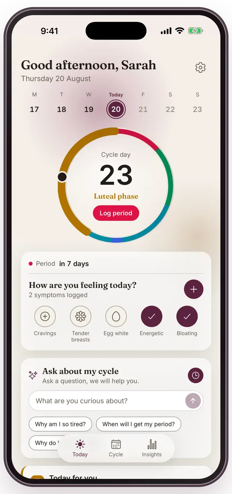 The Today screen in Mensis: a ring showing cycle day 23 in the luteal phase, the days of the week above it, and below that cards to log symptoms and ask a question.