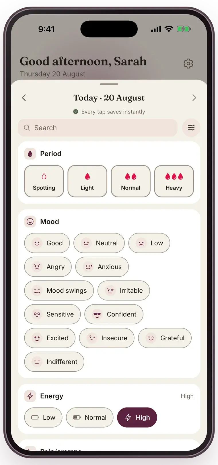 The Mensis log sheet: period with four flow levels, mood as chips and energy in three settings, with a note that every tap is saved right away.
