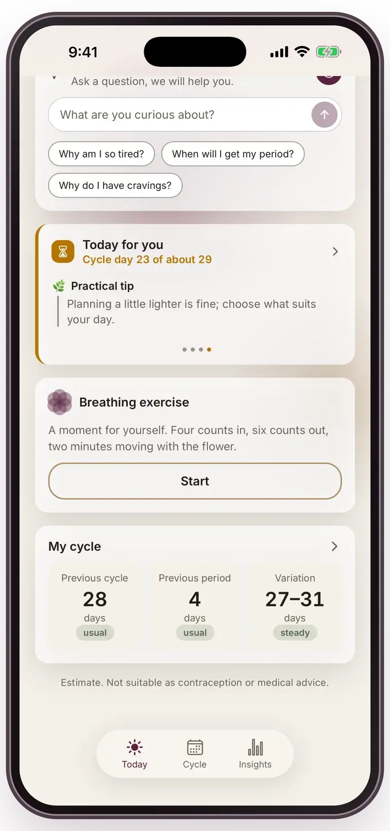 The daily insight in Mensis: the For you today card showing what you logged around this day in earlier cycles, a breathing exercise, and your cycle length, period length and variation side by side.