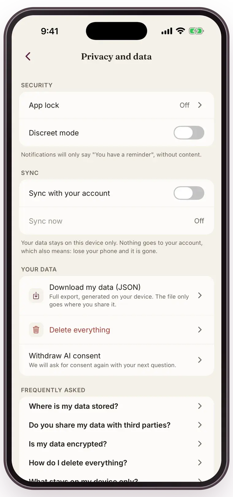 The privacy screen in Mensis with app lock, discreet mode, sync switched off, and buttons to download your data or delete everything.