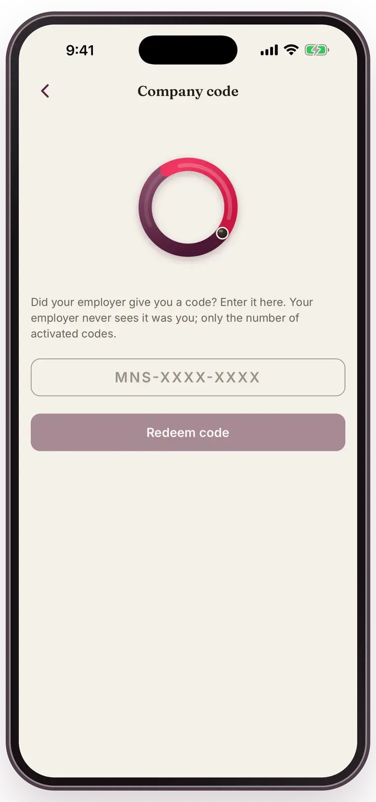 The screen where an employee enters her company code, noting that the employer never sees who redeemed it.