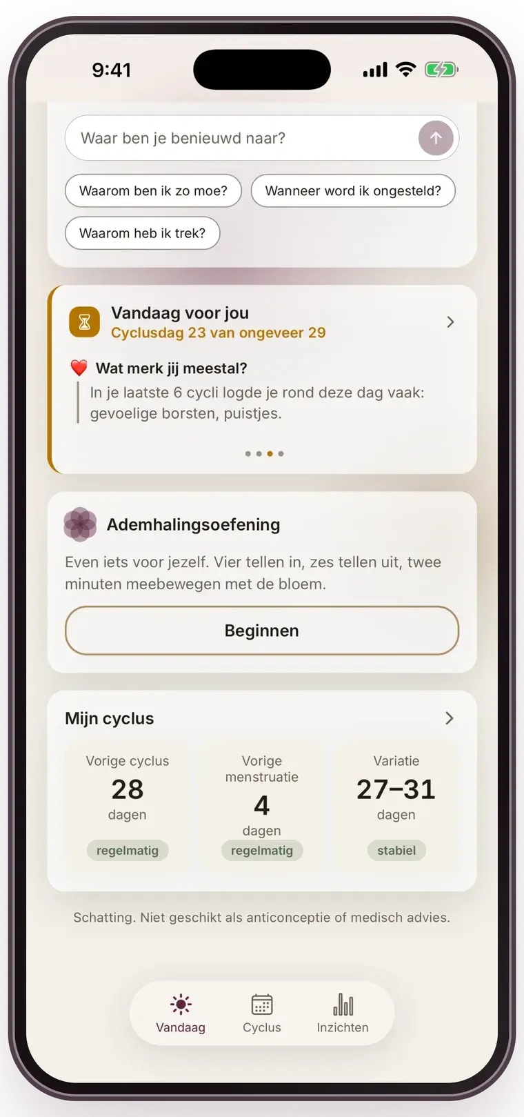 Het dag-inzicht van Mensis: de kaart Vandaag voor jou met wat je in eerdere cycli rond deze dag logde, een ademhalingsoefening, en je cycluslengte, menstruatieduur en variatie naast elkaar.